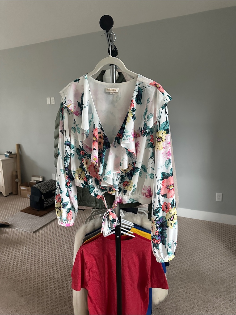 Floral Ruffle Tie-Front Blouse - White/Pink